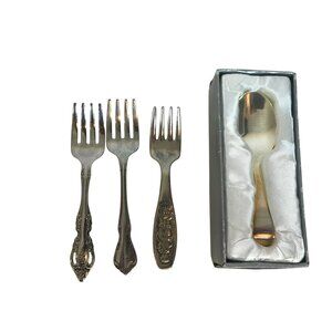 Baby Silverware Lot 3 Forks & 1 Spoon Vintage Stainless & Silverplate Regal & On